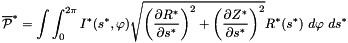 \[ \overline{\cal P }^* = \int \int_0^{2\pi} I^*(s^*,\varphi) \sqrt{ \left(\frac{\partial R^*}{\partial s^*}\right)^2 + \left(\frac{\partial Z^*}{\partial s^*}\right)^2 } R^*(s^*) \ d\varphi \ ds^* \]