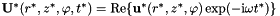 $ {\bf U}^*(r^*,z^*,\varphi,t^*) = {\rm Re} \{ {\bf u}^*(r^*,z^*,\varphi) \exp(-{\rm i}\omega t^*)\}$