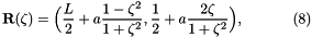 \[ \mathbf{R}(\zeta)=\Big( \frac{L}{2}+ a \frac{1-\zeta^2}{1+\zeta^2}, \frac{1}{2} + a \frac{2\zeta}{1+\zeta^2} \Big), \ \ \ \ \ \ \ \ \ \ (8) \]