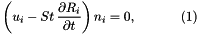 \[ \left(u_i - St\, \frac{\partial R_i}{\partial t}\right) n_i = 0, \ \ \ \ \ \ \ \ \ \ (1) \]