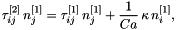 \[ \tau_{ij}^{[2]} \, n_j^{[1]} = \tau_{ij}^{[1]} \, n_j^{[1]} + \frac{1}{Ca} \, \kappa \, n_i^{[1]}, \]