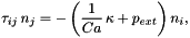 \[ \tau_{ij} \, n_j = - \left( \frac{1}{Ca} \, \kappa + p_{ext} \right) n_i, \]