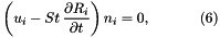 \[ \left(u_i - St\, \frac{\partial R_i}{\partial t}\right) n_i = 0, \ \ \ \ \ \ \ \ \ \ (6) \]