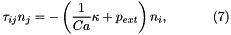 \[ \tau_{ij}n_j = - \left(\frac{1}{Ca}\kappa + p_{ext}\right) n_i, \ \ \ \ \ \ \ \ \ \ (7) \]