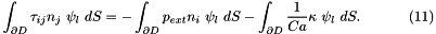 \[ \int_{\partial D} \tau_{ij} n_j \ \psi_l \ dS = - \int_{\partial D} p_{ext} n_i \ \psi_l \ dS - \int_{\partial D} \frac{1}{Ca} \kappa \ \psi_l \ dS. \ \ \ \ \ \ \ \ \ \ (11) \]