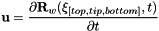 \[ {\bf u} = \frac{\partial {\bf R}_w(\xi_{[top,tip,bottom]},t)}{\partial t} \]
